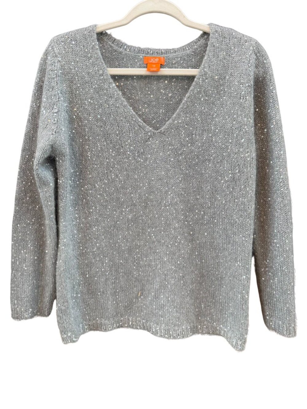 Joe Fresh Gray Sequin Mohair Blend V Neck Sweater Large Cozy Sparkle Soft Knit